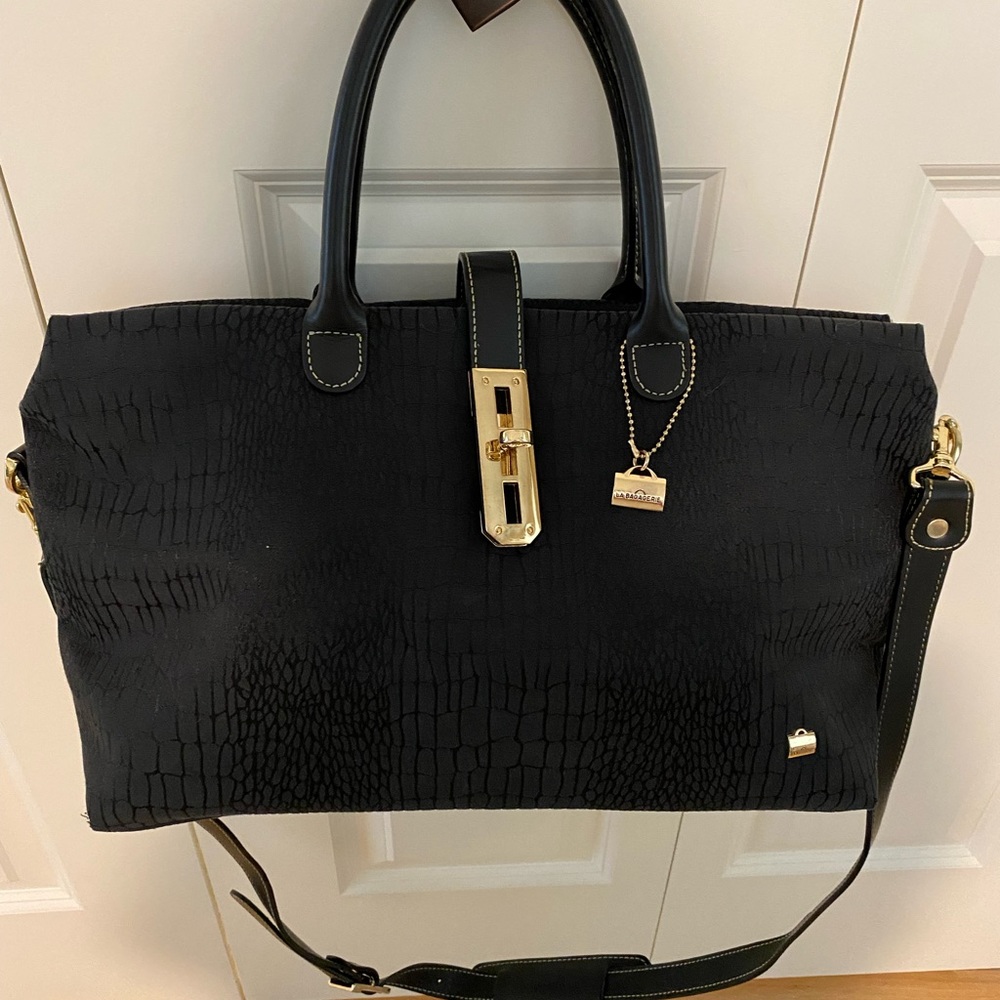 La Bagagerie black nylon skin print bag. Leather handles and shoulder strap